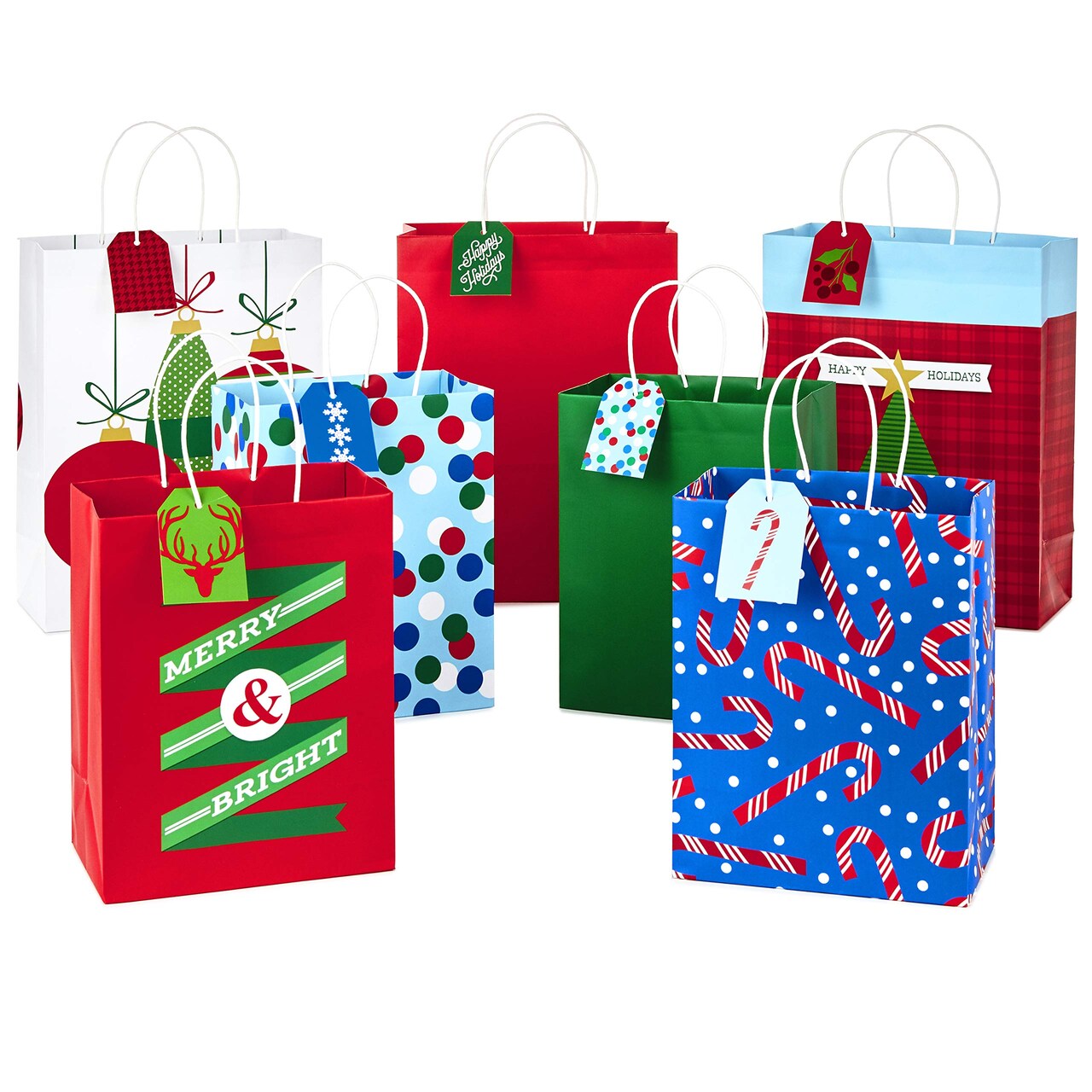 Christmas Assorted Gift Bag Bundle with Mix-n-Match Gift Tags, Traditional (Pack of 7 : 3 Large 13", 4 Medium Gift Bags 9"; 7 Gift Tags)